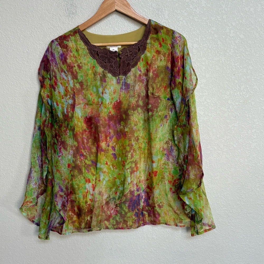 Sundance Silk Green Multi-Color Sheer Floral Tunic with Brown Lace